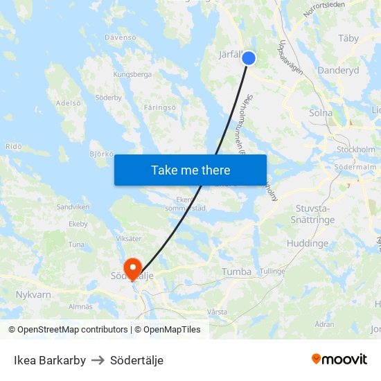 Ikea Barkarby to Södertälje map