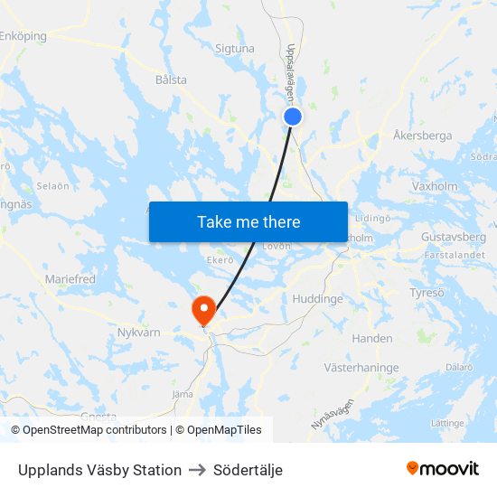 Upplands Väsby Station to Södertälje map