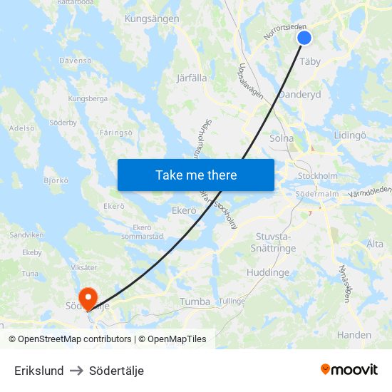 Erikslund to Södertälje map