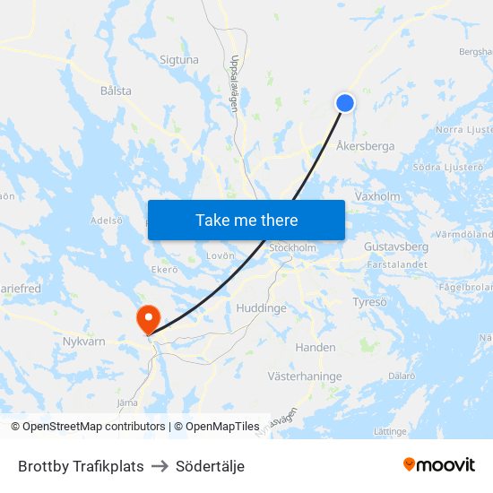 Brottby Trafikplats to Södertälje map