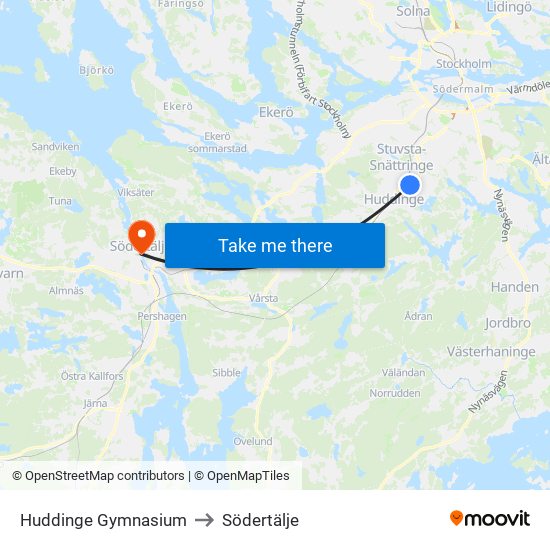 Huddinge Gymnasium to Södertälje map
