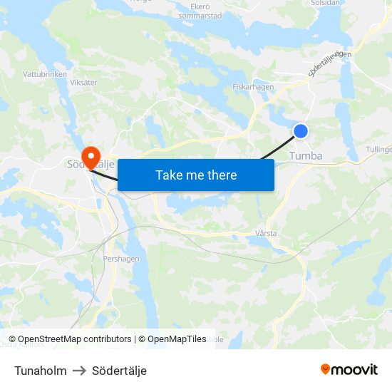 Tunaholm to Södertälje map