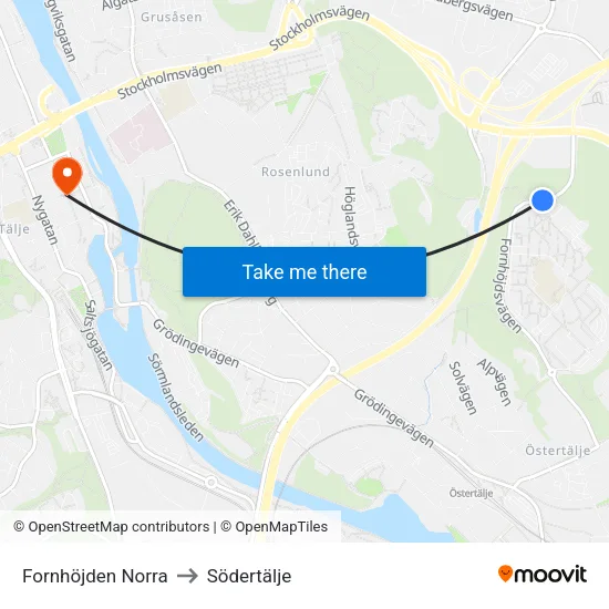 Fornhöjden Norra to Södertälje map