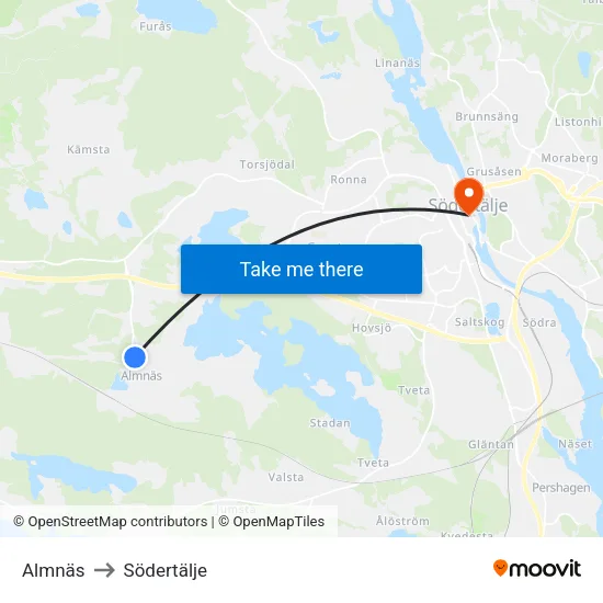 Almnäs to Södertälje map