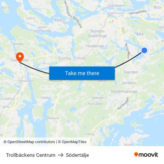 Trollbäckens Centrum to Södertälje map