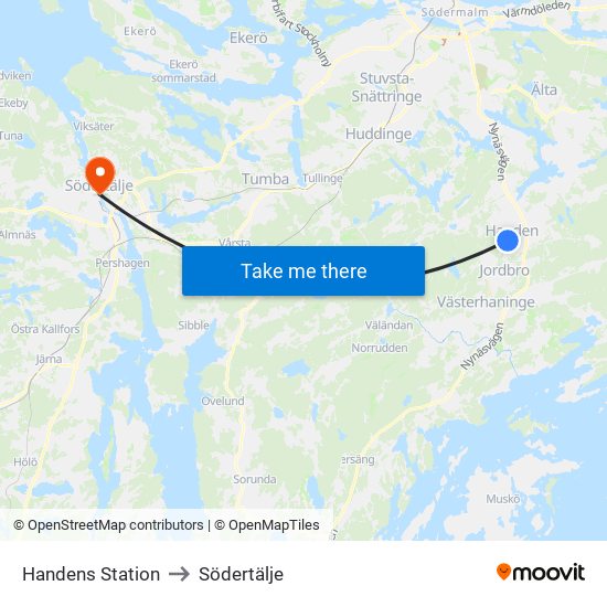 Handens Station to Södertälje map