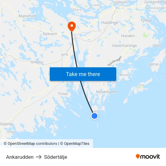 Ankarudden to Södertälje map