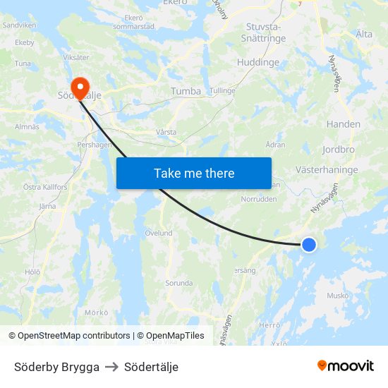 Söderby Brygga to Södertälje map