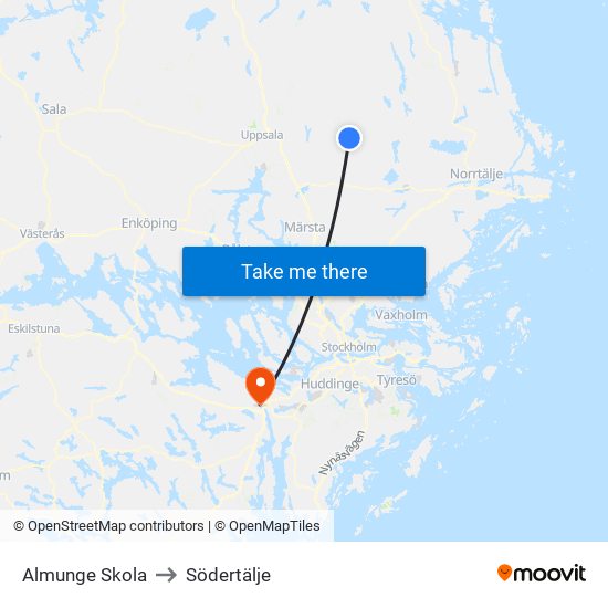 Almunge Skola to Södertälje map