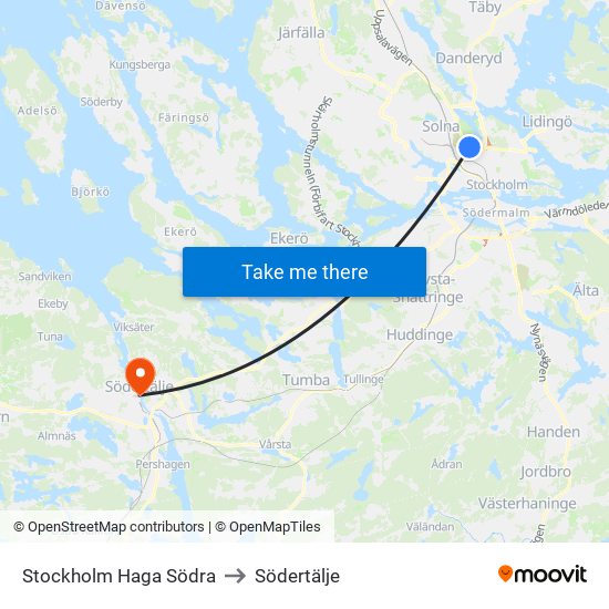 Stockholm Haga Södra to Södertälje map