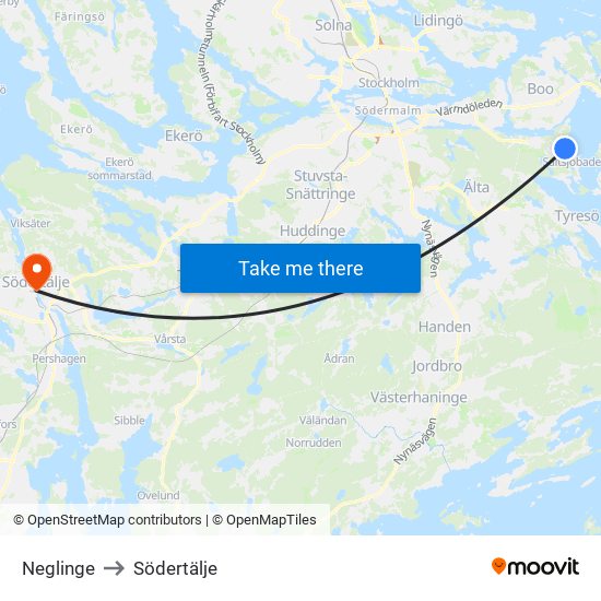 Neglinge to Södertälje map