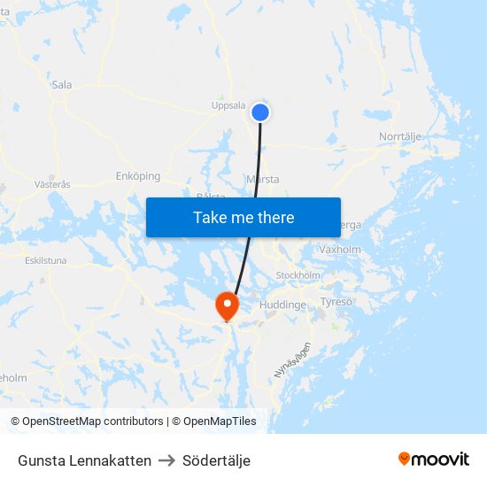 Gunsta Lennakatten to Södertälje map