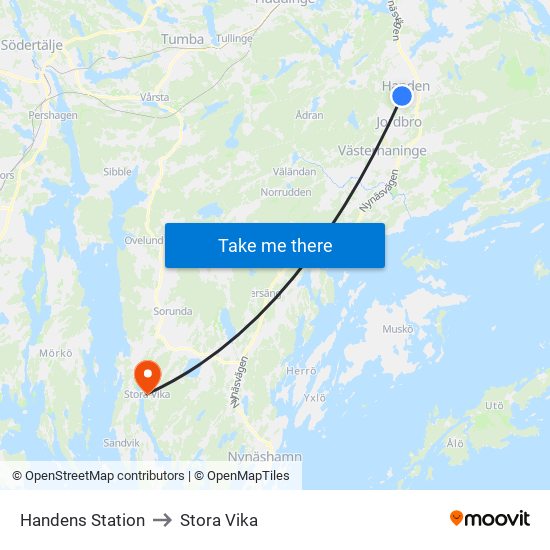 Handens Station to Stora Vika map