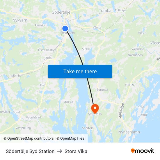 Södertälje Syd Station to Stora Vika map