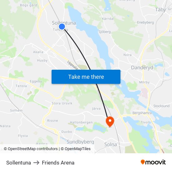 Sollentuna to Friends Arena map