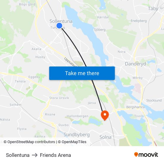 Sollentuna to Friends Arena map