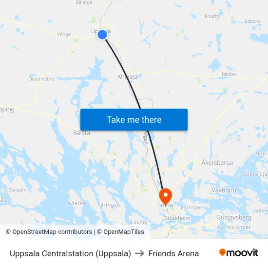Uppsala Centralstation (Uppsala) to Friends Arena map