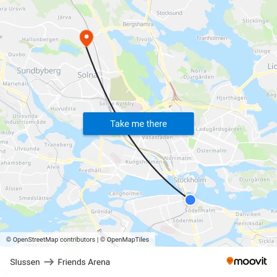 Slussen to Friends Arena map
