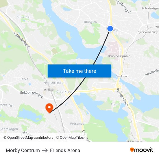 Mörby Centrum to Friends Arena map