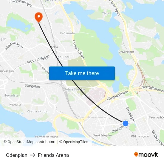 Odenplan to Friends Arena map