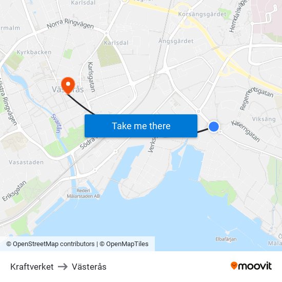 Kraftverket to Västerås map