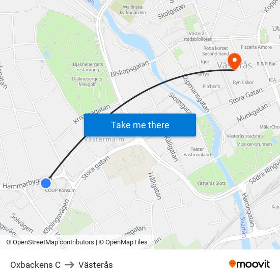 Oxbackens C to Västerås map