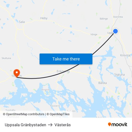 Uppsala Gränbystaden to Västerås map