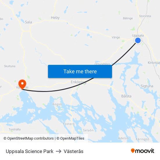 Uppsala Science Park to Västerås map