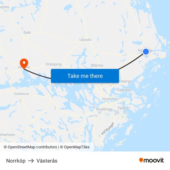 Norrköp to Västerås map