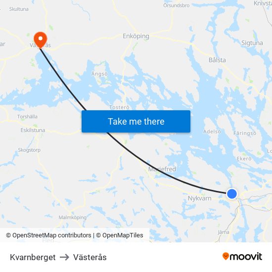 Kvarnberget to Västerås map