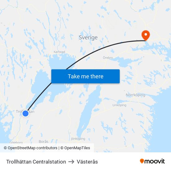 Trollhättan Centralstation to Västerås map