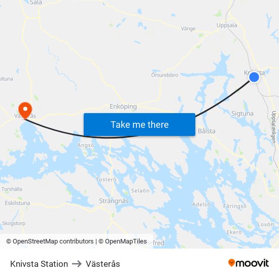 Knivsta Station to Västerås map