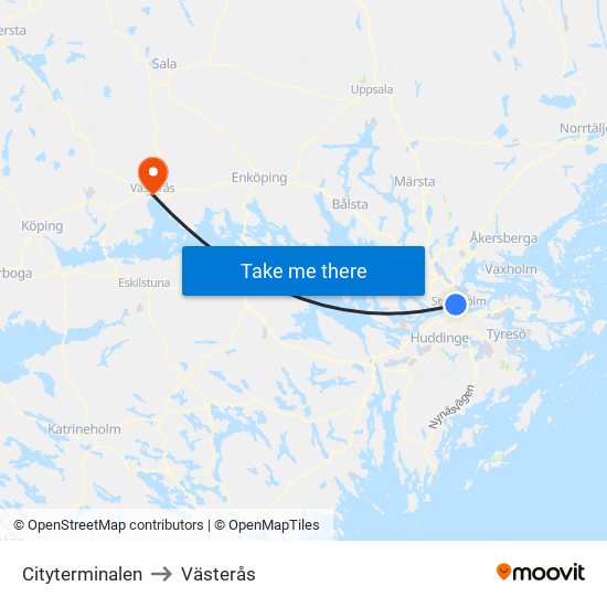 Cityterminalen to Västerås map