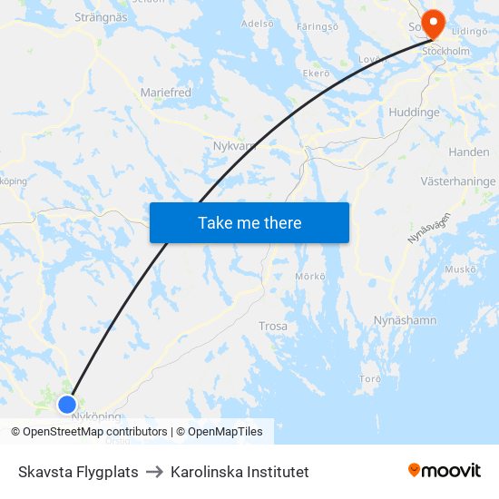 Skavsta Flygplats to Karolinska Institutet map