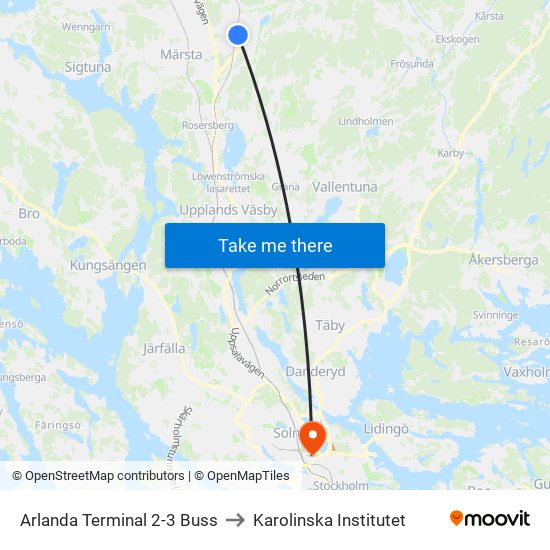 Arlanda Terminal 2-3 Buss to Karolinska Institutet map