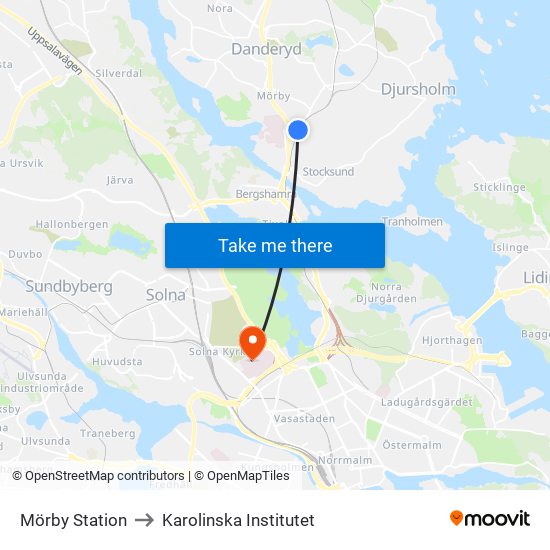 Mörby Station to Karolinska Institutet map