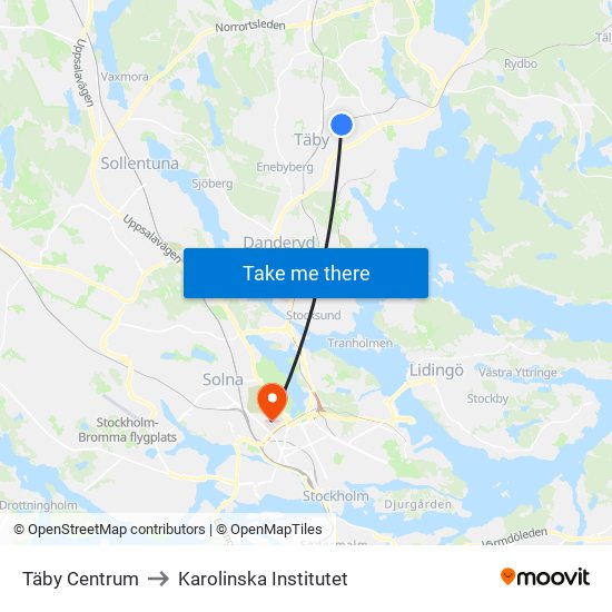 Täby Centrum to Karolinska Institutet map