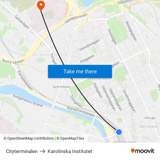 Cityterminalen to Karolinska Institutet map