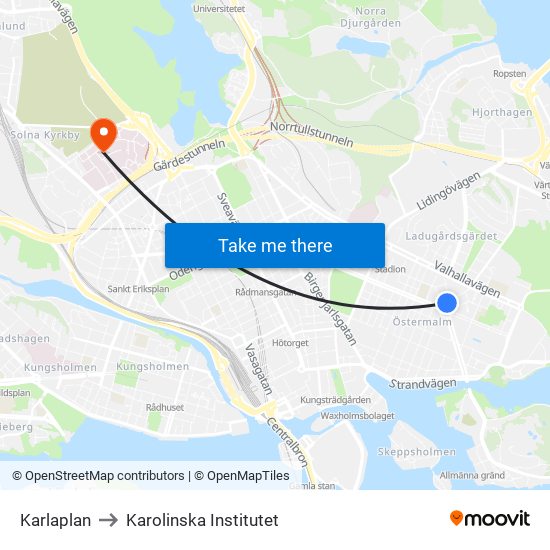 Karlaplan to Karolinska Institutet map