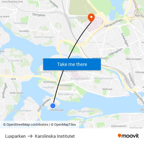 Luxparken to Karolinska Institutet map