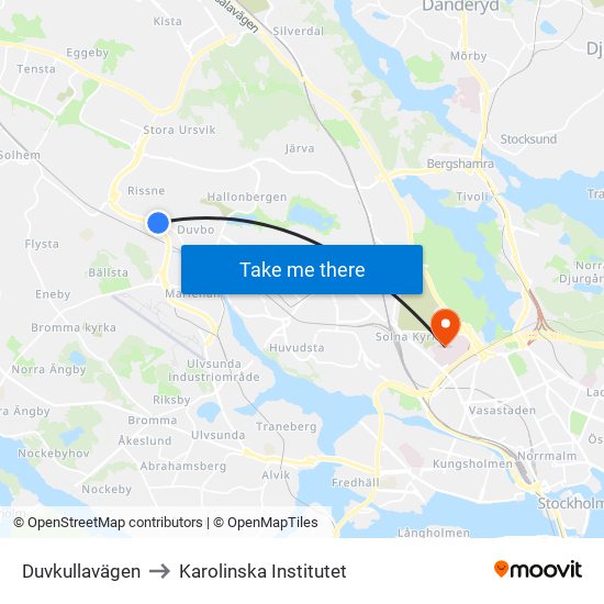 Duvkullavägen to Karolinska Institutet map