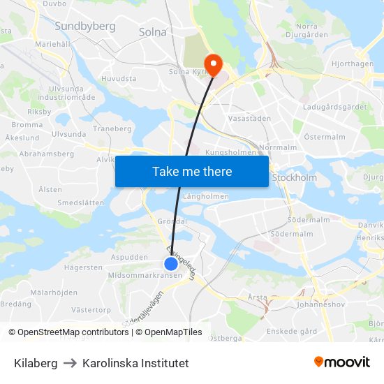 Kilaberg to Karolinska Institutet map