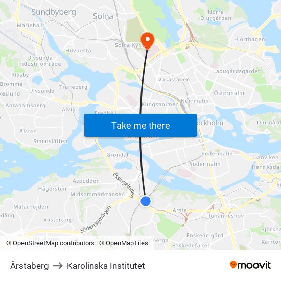 Årstaberg to Karolinska Institutet map