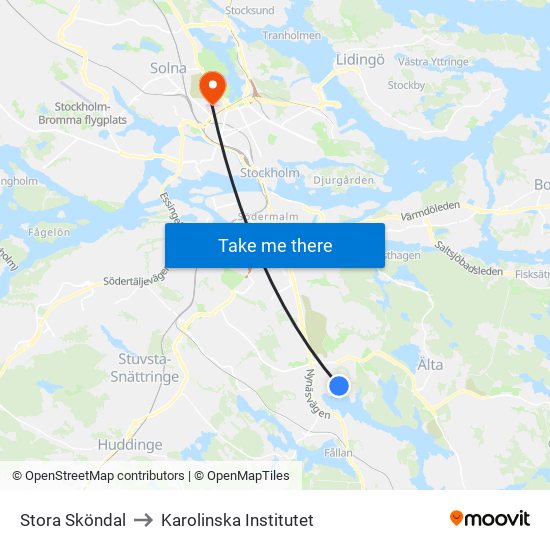 Stora Sköndal to Karolinska Institutet map