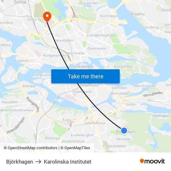 Björkhagen to Karolinska Institutet map