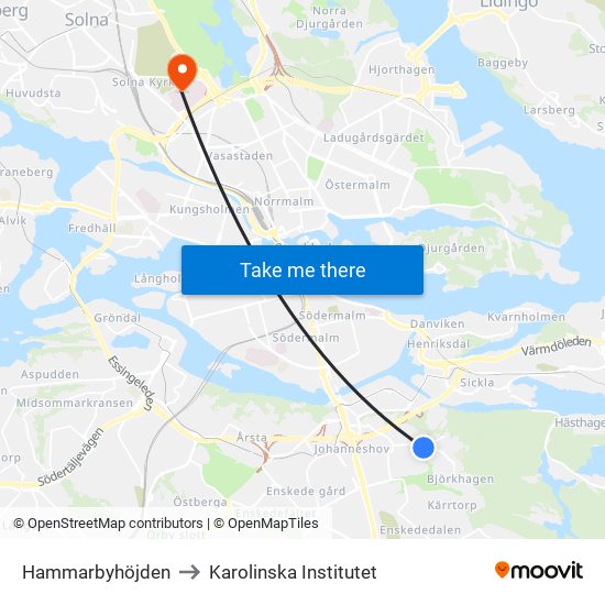 Hammarbyhöjden to Karolinska Institutet map