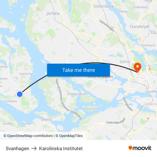 Svanhagen to Karolinska Institutet map