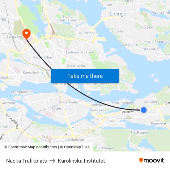 Nacka Trafikplats to Karolinska Institutet map