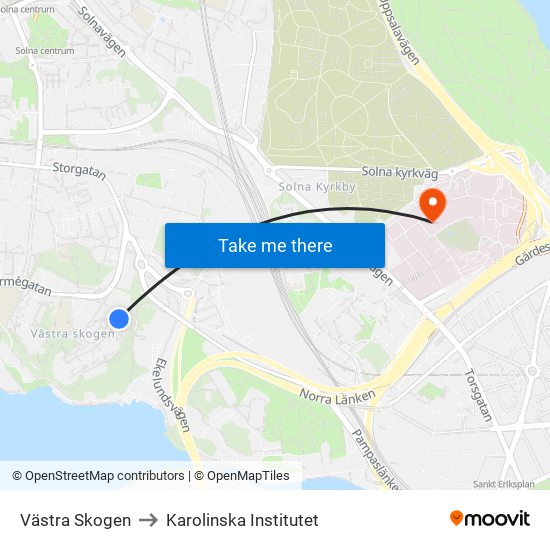 Västra Skogen to Karolinska Institutet map