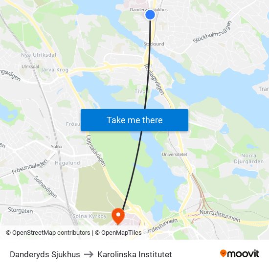 Danderyds Sjukhus to Karolinska Institutet map